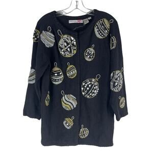 Michael Simon 1991 Christmas Ornaments Cardigan Black Ugly Sweater Size M